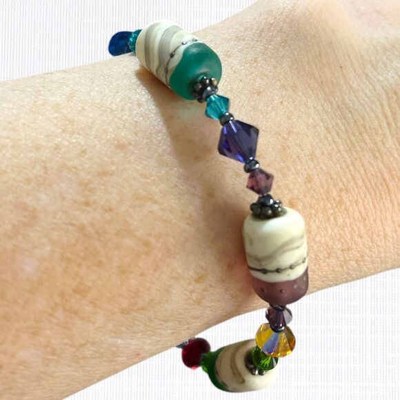 Handmade Bracelet Linked Polymer Clay Cylinder Beads Crystal Boho Artsy Festival - Picture 7 of 7